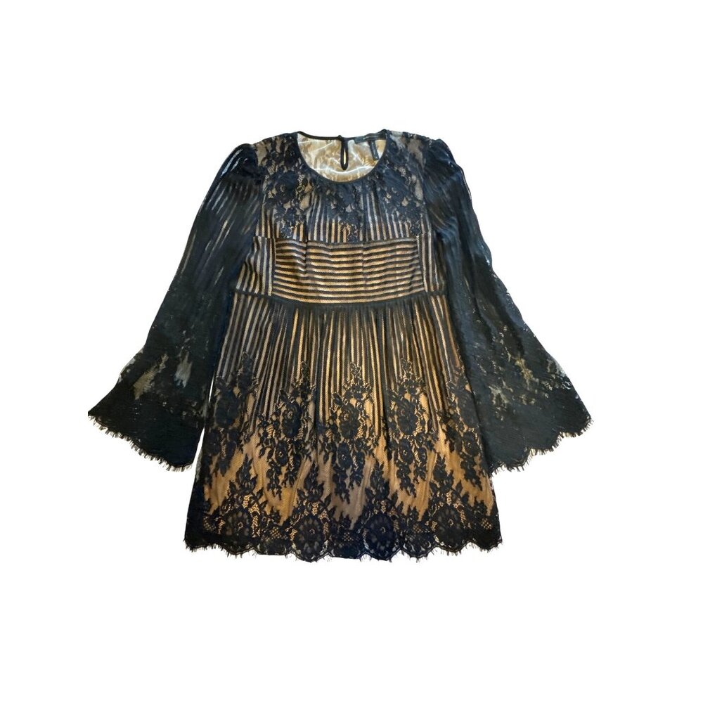 BCBGMAXAZRIA Luann Lace Babydoll Dress Black Nude Sheer Sz M Romantic Gothic